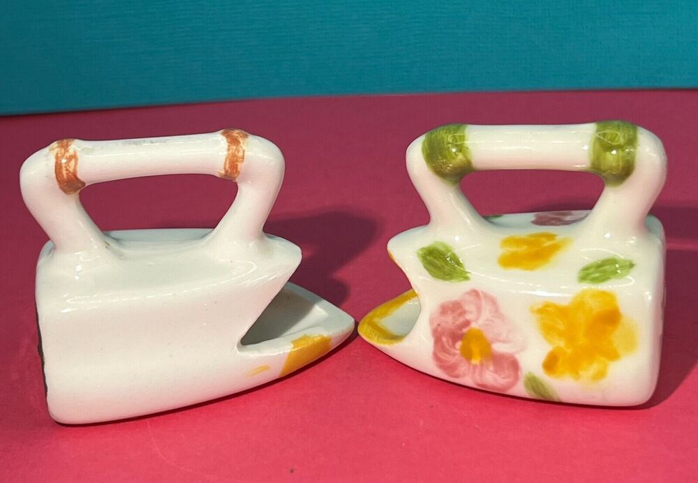 Pair of Vintage Miniature Ceramic Irons Hand Painted Floral Toothpick Holders